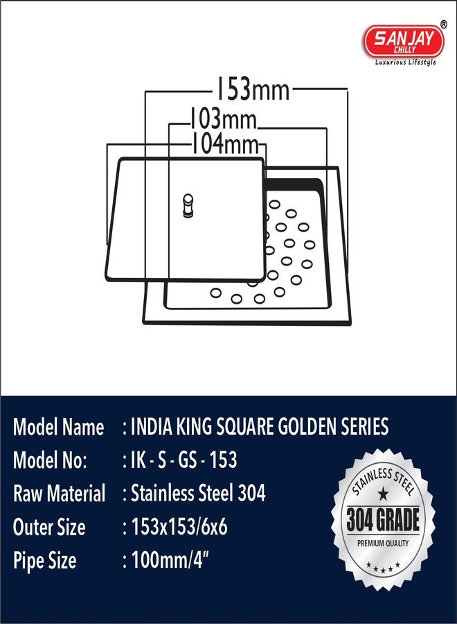 Sanjay Chilly India King Square Floor Drain Jali with Lid Golden Series Water Drain Cover Jali for Bathroom Gratings 304 Grade Stainless Steel Rust-Free, Gloss Finish, Corrosion-Resistant 6x6 Inch - Image 2